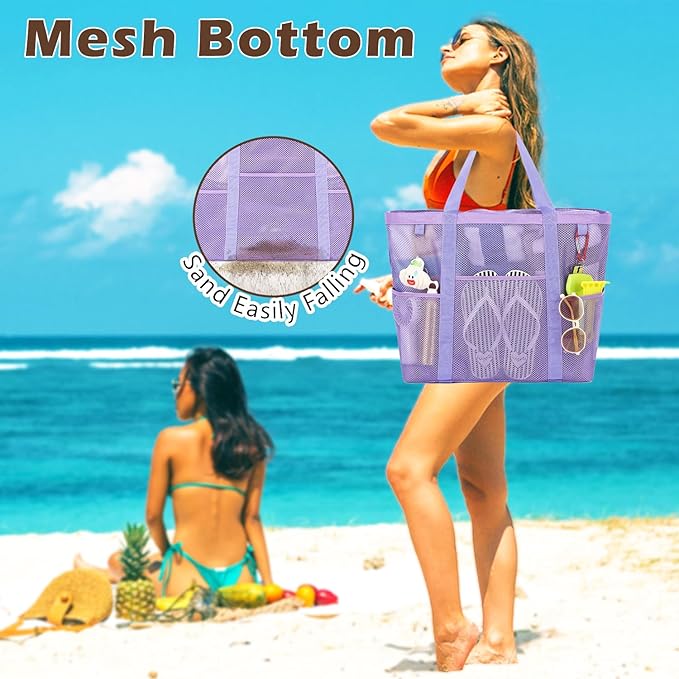 Mesh Beach Bag with Zipper, Large Beach Tote for Women, Toys Pool Swim Bag Travel Vacation Cruise Essentials