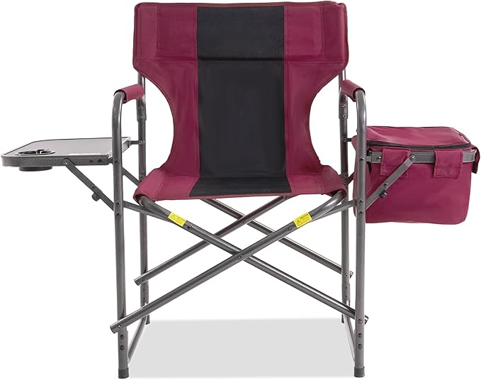 Director Camping Chair with Cooler Bag & Foldable Side Tray - 400lbs Heavy Duty Outdoor Folding Lawn Chair, Portable Camp Chair for Backyard, Fishing, Beach (Red)