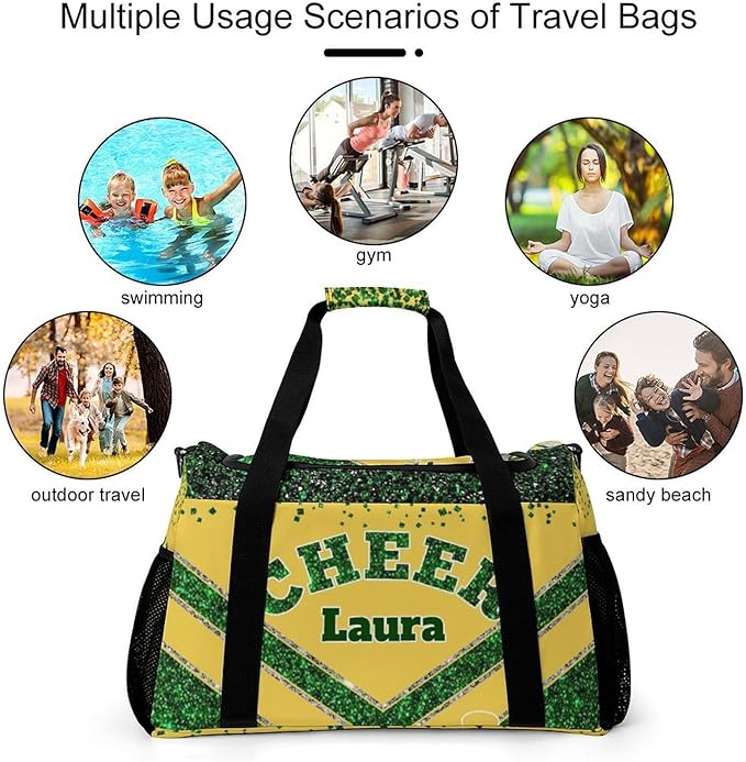 Personalized Cheer Bag Gifts for Girls Sport Cheerleading Gym Travel Duffel Bag Overnight Weekender Bags with Name (Yellow Green)