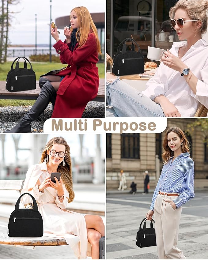 Cute Lunch Box Tote Bag - Corduroy Insulated Cooler Bags for Women - Lightweight Reusable Portable Soft Lunch Pail Kit for Kids Teen Girl Adults Work School Picnic Travel Black 8L