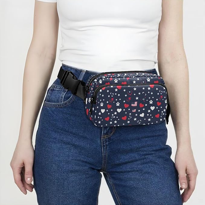Kawaii American Flag Heart Dog Paw Fanny Pack for Women Men Water Resistant Fashion Waist Packs with Adjustable Strap Belt Bag for Travel Workout Jogging Hiking 21219380