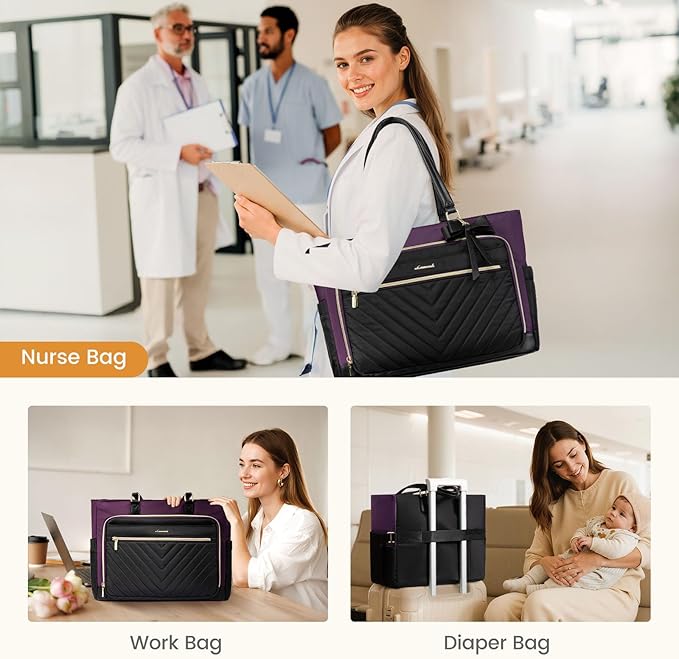 LOVEVOOK Tote Bag, Laptop Bag for Women with Large Cup Holder, Work Teacher Tote Bag with Large Cup Holder, Nurse Diaper Bag for Travel, Women's Handbags for Teacher gift, Black-Purple, 15.6 Inch