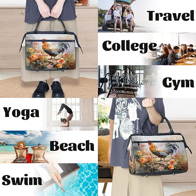 Multipurpose Duffle Bag, Waterproof Carry On Bag with Spacious Design, Watercolor Rooster Gym Bags, 15.2x8.3x11.6in