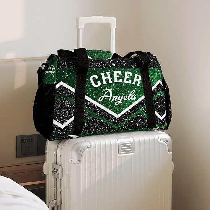 Personalized Green Cheerleader Black Sequin Print Duffle Bag with Name for Women Man Custom Multifunctional Travel Perform Training Bag Luggage Bag