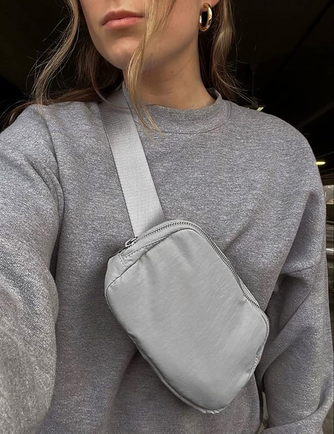 Fanny Pack Crossbody Bag Trendy Waterproof Small Sling Cross Body Purse for Women Men Fashion Waist Packs Mini Belt Pouch Chest Bum Hip Bag Lulu Dupes for Travel Vacation Running Ash