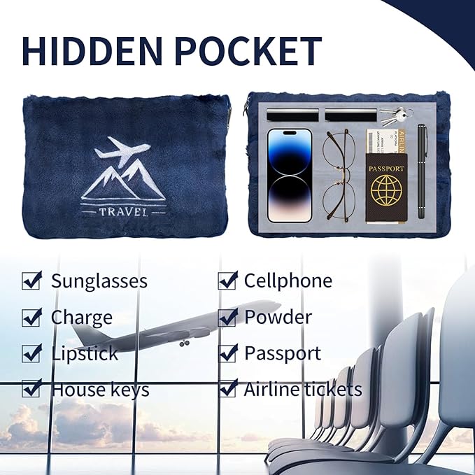 Travel Blanket and Pillow-2-in-1, Ultra-Soft&Compact,Airplane Blanket with Hand Luggage Belt and Backpack Clip,Travelers Accessories Gifts, 61x43 Inches(Navy)