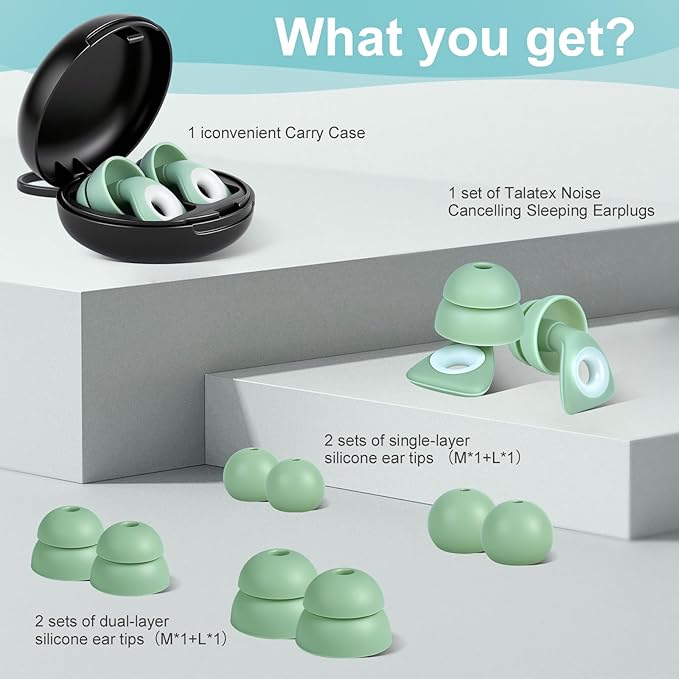 Talatex Sleep Earplugs for Side Sleepers - 32dB Noise Reducing, Reusable & Washable, Ultra Soft Dual-Layer Cone Design for Bed, Travel & Focus (Mint Teal, Medium)