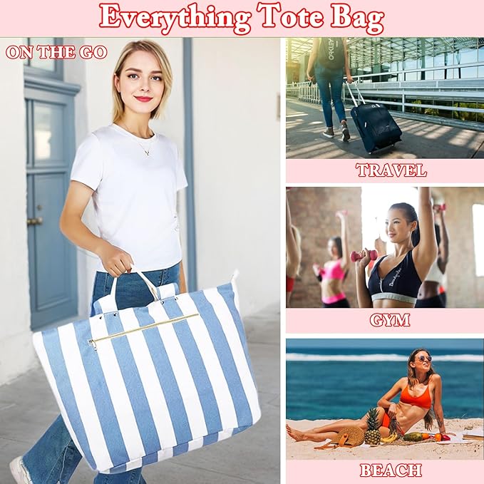 Large Canvas Beach Bag for Women, Beach Bags Waterproof Sandproof with Zipper & Wet Bag Cruise Essentials