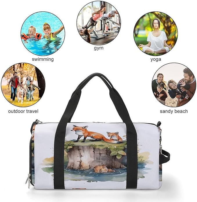 Oxford Cloth Hand Drawn Fox Gym Bag,Duffle Bag with Shoes Compartment And Adjustable Shoulder Straps,Weekender Bags for Men Women.