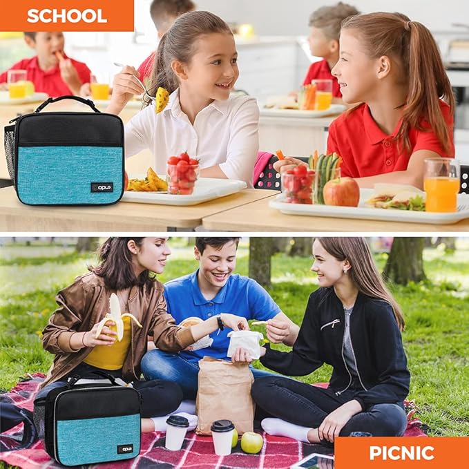 opux Insulated Lunch Bag Kids, Lunch Box for School Boy Girl, Leakproof Small Reusable Compact Soft Mini Cooler Bag, Toddler Small Lunch Boxes Kit Pail with Front Side Pockets (Turquoise)