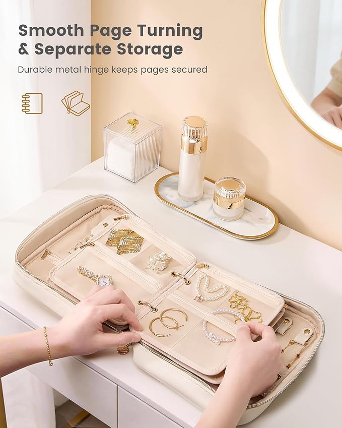 Lolalet Travel Jewelry Organizer Case, Large Jewelry Binder Book with Individual Pouches, Portable Leather Zippered Bag for Jewelry Storage of Earring, Ring & Necklace for Girls, Women -Beige
