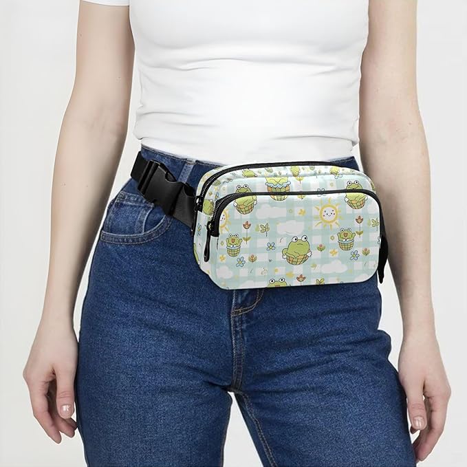Kawaii Frog Flower Plaid Fanny Pack for Women Men Water Resistant Fashion Waist Packs with Adjustable Strap Belt Bag for Travel Workout Jogging Hiking 21219491