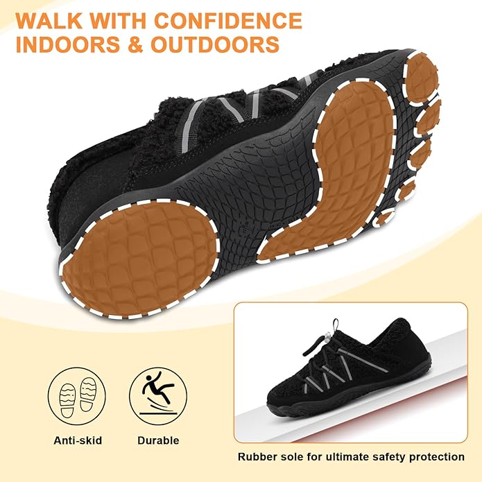 relxfeet Women's Wide Width Slippers Cozy Furry Barefoot House Shoes with Adjustable Fit Non-Slip Indoor Outdoor Slippers for Diabetic Bunion Swollen Feet Friendly
