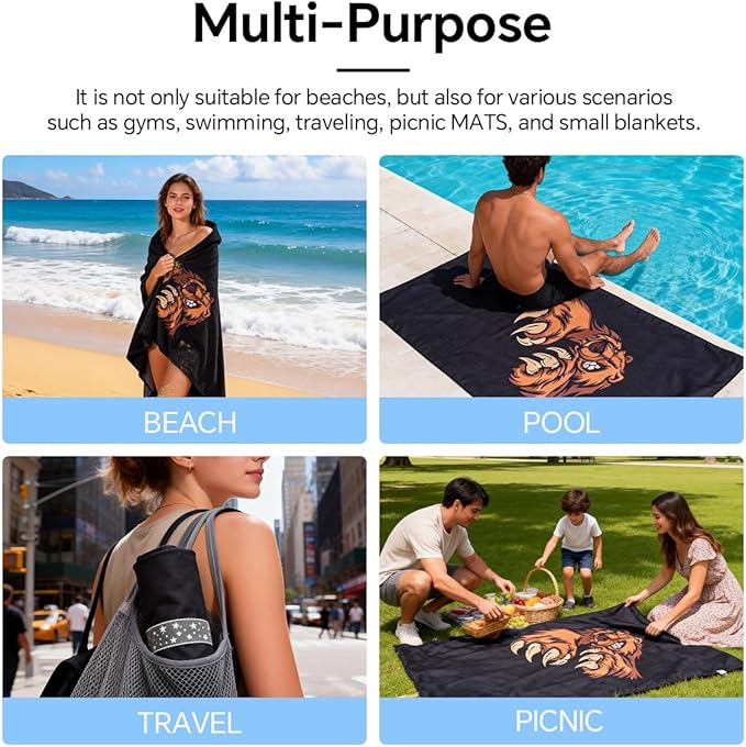 Microfiber Beach Towel,Ultra-Thin & Lightweight,Quick Dry,Sand Free,Super Absorbent-Compact Travel Towel for Sand,Pool,Swim,Yoga, Includes Carry Bag for Adults Women Men (Black, 71"×35")