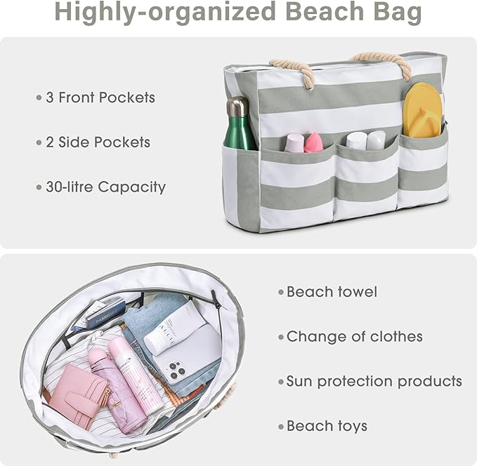 Becokan Beach Bags for Women Canvas Large Beach Tote Bag Zipper Waterproof Sandproof Foldable Swim Pool Bag with 7 Pockets