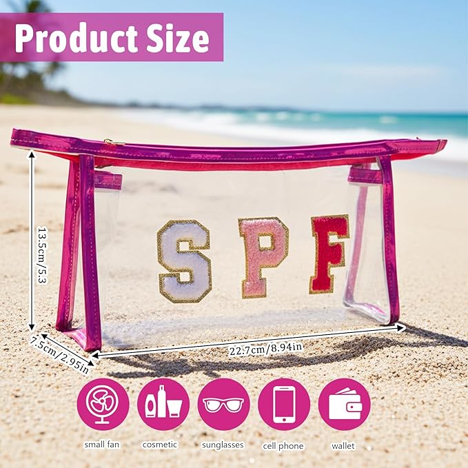 Beach Bag, Waterproof Makeup Bag, Summer Clear Zippered Beach Pouch, Travel Pool Storage Pouch for Sunscreen Cosmetic Swim Women Men