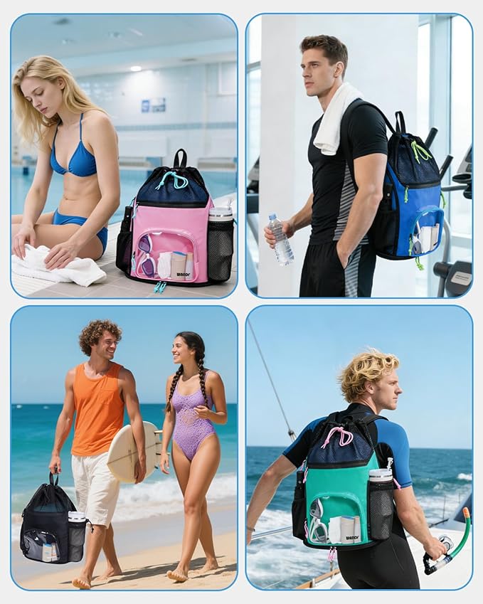 WANDF Swim Bag with Wet Pockets, Sandproof Beach Backpack with 40oz Tumbler Side Pockets, Mesh Drawstring Backpack Swim Bag for Swimming, Pool, Gym and Workout Gear (Black)