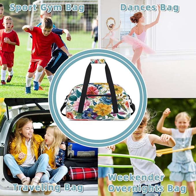 Kids Duffle Bag Girls Boys Spring Boho Flowers Botanical Weekender Overnight Bag,Lightweight Duffel Bags for Traveling Gym Sport Dance