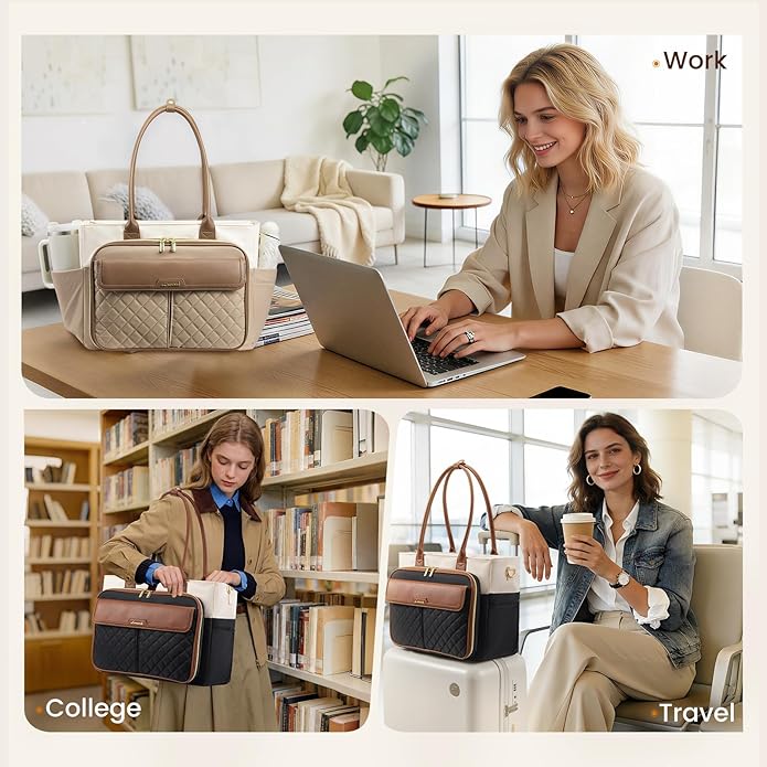 LOVEVOOK Teacher Tote Bag for Women, Laptop Bag Briefcase with Accordion File Pocket, Nurse Handbag for Work, Travel, College | Large Cup Holder, Laptop Compartment, Trolley Sleeve