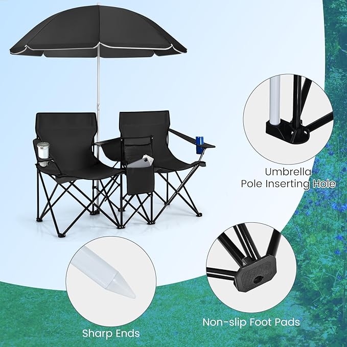 KOTEK Double Camping Chair, Folding Camp Chair with Removable Umbrella, Cup Holders, Cooler Bag, Side Pocket & Carry Bag, 2-Person Beach Chair for Outdoor, Sports, Concerts, Travel, Picnic (Black)