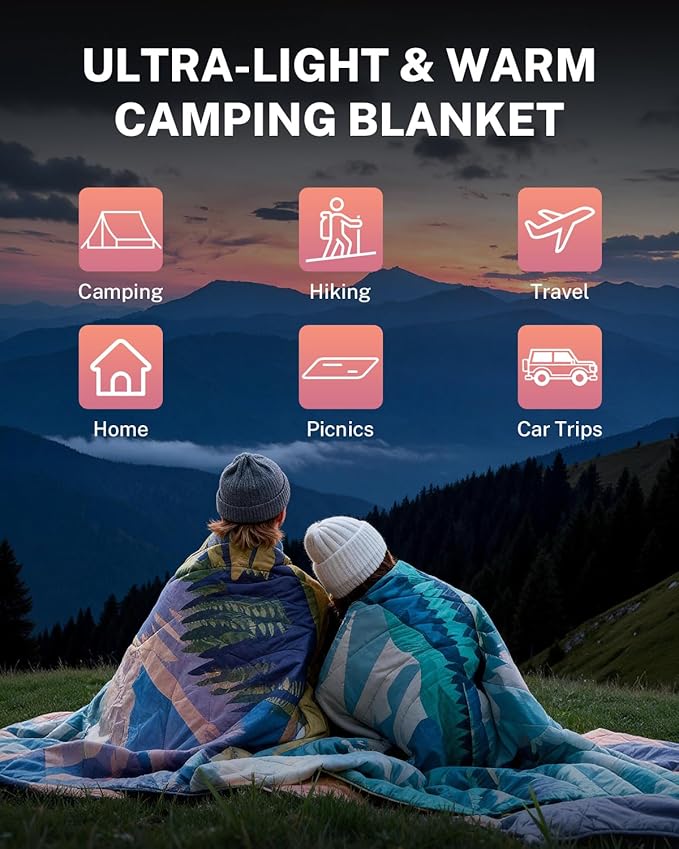 Gonex Camping Blanket with Aero-Warmth Tech Layer, Puffy Printed Packable Blanket Ultralight & Warm Wearable Water-Resistant Quilt for Outdoor, Camping, Hiking, Travel, Picnics 79" X 55"(Sunset)