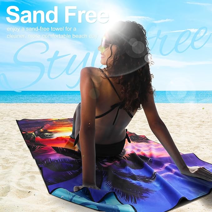 2 Packs Lightweight Thin Microfiber Beach Towel Oversized Quick Dry Compact Sandproof Clearance Towels Sand Free Swimming Pool Easy Pack Travel Accessories Essentials Women AdultsSunset Coconut Tree