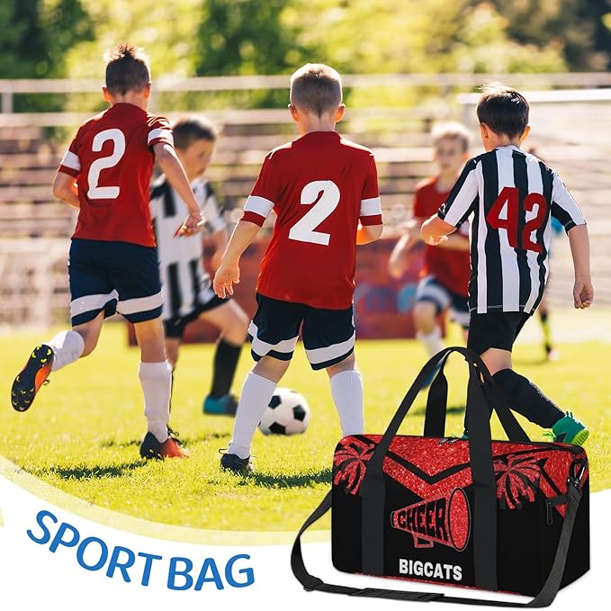 Personalized Sport Cheer Dance Bag Custom Red Glittering Cheerleader Pom Poms Duffle Gym Bag Customized Travel Overnight Tote with Name or Text