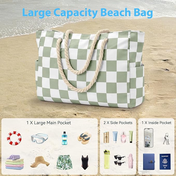 Becokan Beach Bags for Women Checkered Large Beach Tote Bag Zipper Beach Bags Waterproof Sandproof Canvas Swim Pool Bag