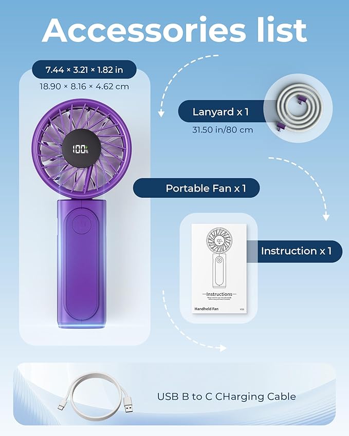 Portable Handheld Fan, 4000mAh, USB Rechargeable 180° Foldable Mini Desk Fan, 6 Wind Speed, LCD Digital Display, Lanyard as Neck Fan, Ultra Quiet, Pocket Size for Indoor Outdoor