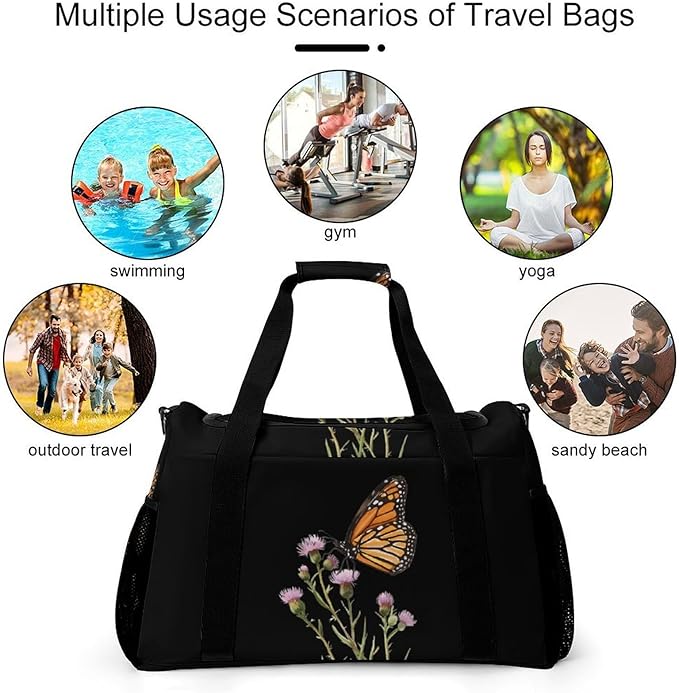 Monarch Butterflies Aspen Thistle Duffle Bag Gym Bag for Workout Travel Tote with Detachable Straps