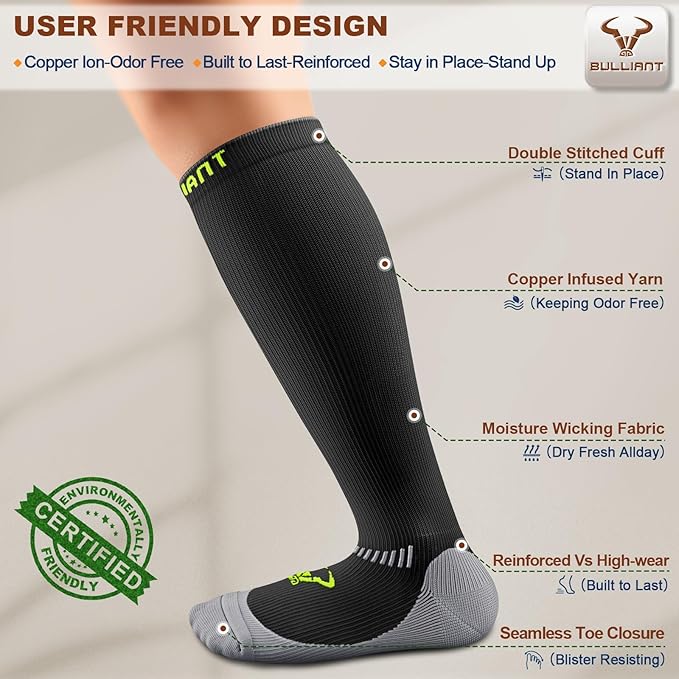 BULLIANT Compression Socks 3Pairs-15-20mmHg Circulation Support Men Women Hiking Sports Recovery-Upgraded Wicking Tech