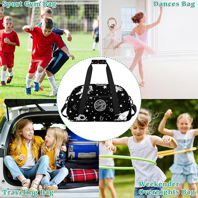 Cartoon Space Gym Travel Duffle Bag for Women & Men with Front Zipper Pocket for Sports, Overnight, Weekender, Carry On,Workout & Dance Bag,Black,18.9 * 8.7 * 10.6 in