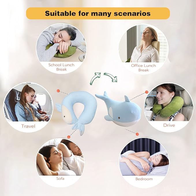 Kids Travel Pillow - 2-in-1 Deformable Kids Neck Pillow for Traveling, Soft U-Shaped Pillow with Adorable Animal Design, Comfy Sleep and Play, Ideal for Airplanes and Cars - Blue Whale