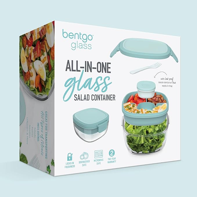 Bentgo Glass Salad Container - 7.6-Cup Salad Bowl with Airtight Lid, Leak-Proof Sauce Container, 4-Compartment Bento Tray & Reusable Fork - BPA-Free for Meal Prep, Office & More (Coastal Seaglass)