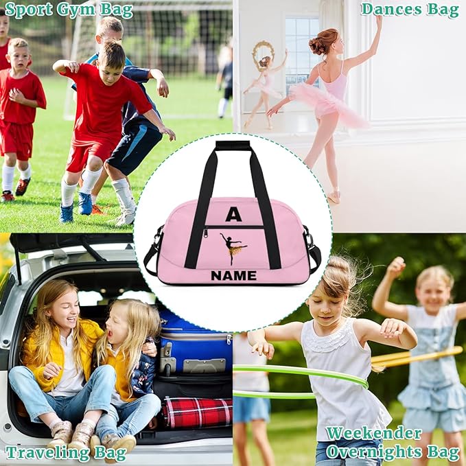 Personalize-Kids-Sports-Duffel-Bags With Custom Name Text Carry-On Overnight Travel Gym Lightweight Dance Pattern Sports Bags For Girls Boys Kids,Pink