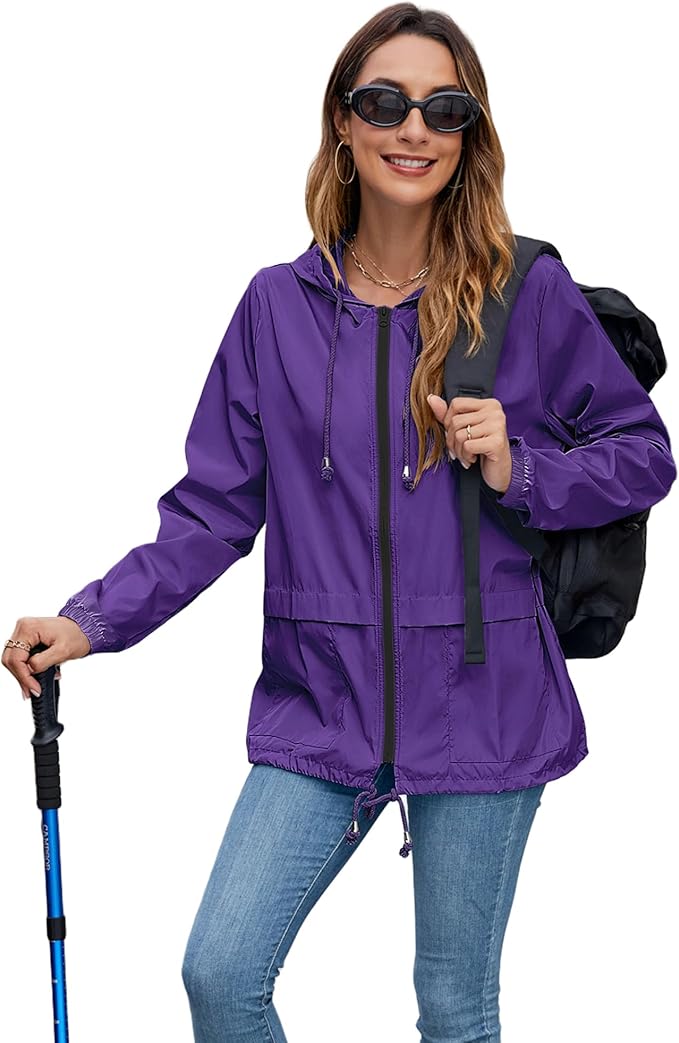Hount Women's Lightweight Hooded Raincoat Waterproof Packable Active Outdoor Rain Jacket (S-3XL)