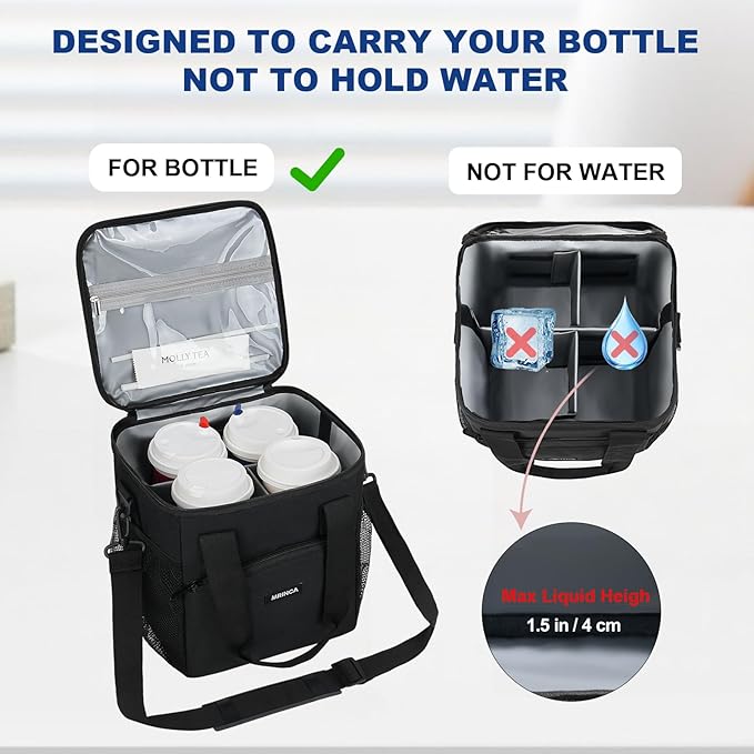 4 Cup Drink Carrier, Reusable Insulated Cup Holder Bag with Leakproof Zippered Lid & Adjustable Dividers, Portable Tote with Shoulder Strap for Delivery, Travel, Coffee