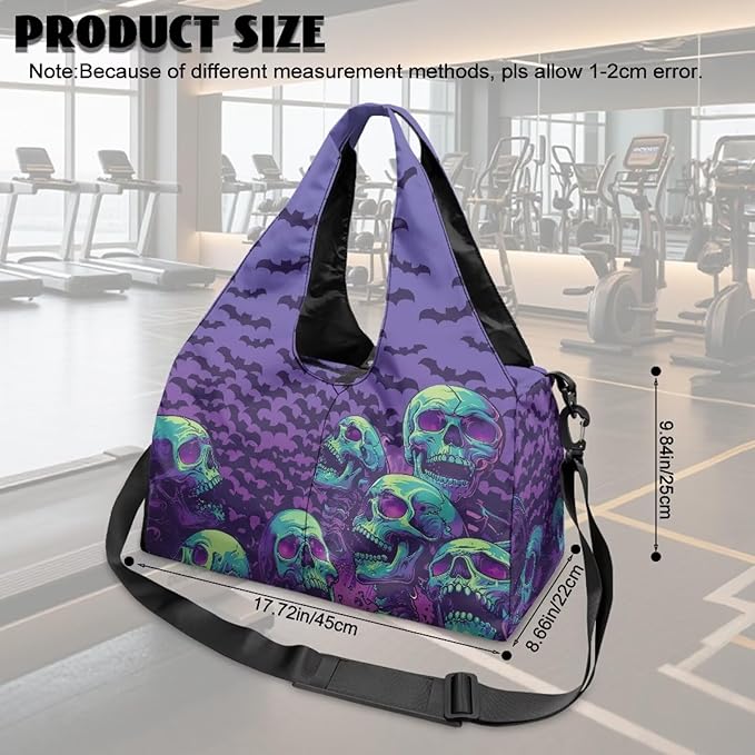 Halloween Skull Bats Lightweight Gym Bag with Shoe Compartment for Women Sports Gym Tote Bag Beach Swim Weekender Travel Duffel Bags Spooky Halloween Costumes