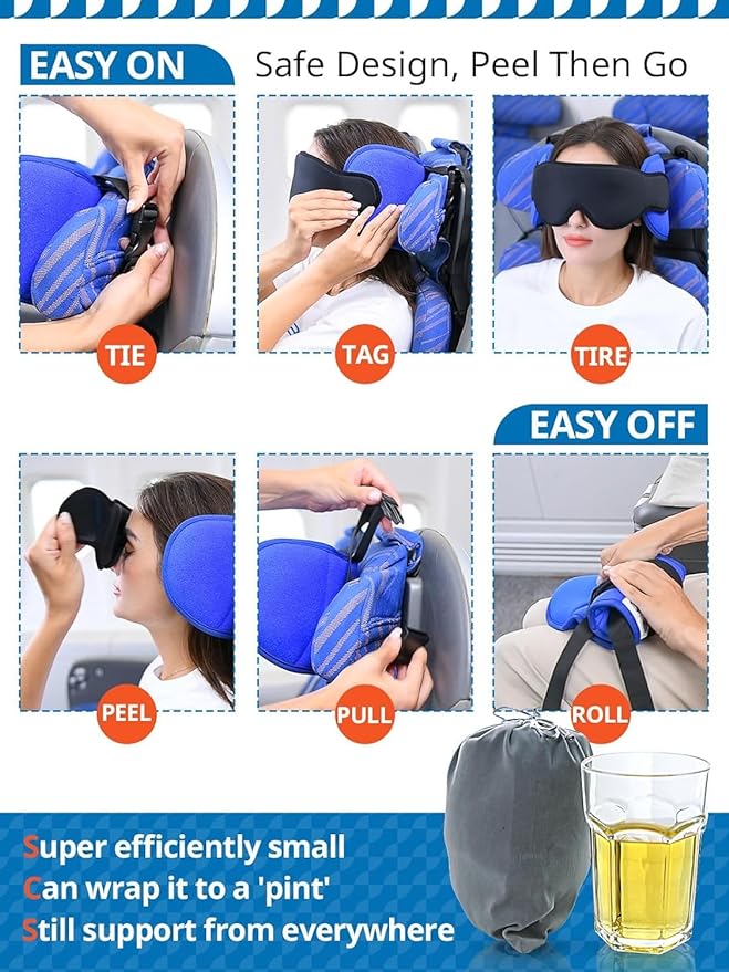 Travel Pillows for Airplanes with Sleep Eye Mask, Chin Strap, Airplane Pillow for Long Flights, Car Road Trip, 360° Support Headrest, Travel Essentials Stop Bobblehead, Mottled Blue