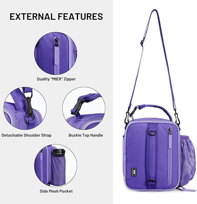 MIER Expandable Lunch Bag Insulated Lunch Box for Men to Work Travel Portable Lunchbox Bags with Shoulder Strap and Water Bottle Holder,Light Purple