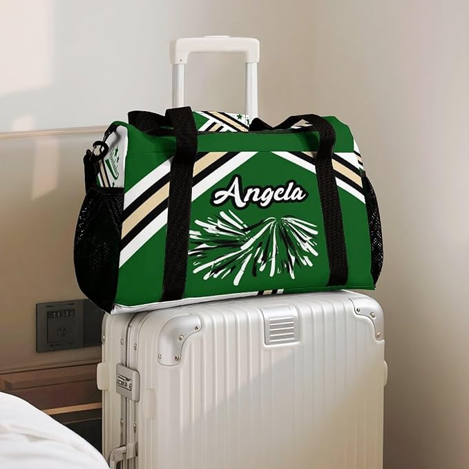 Duffle Bag, Personalized Name Green Cheer Cheerleaders Stripes Pom Travel Bag, Lightweight Gym Training Sports Bags Custom Unisex Gifts for Men Women