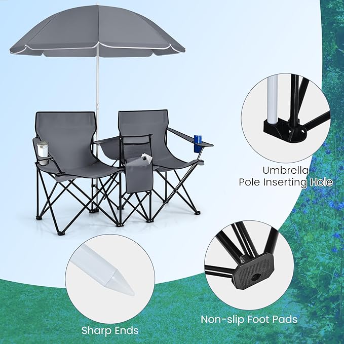 KOTEK Double Camping Chair, Folding Camp Chair with Removable Umbrella, Cup Holders, Cooler Bag, Side Pocket & Carry Bag, 2-Person Beach Chair for Outdoor, Sports, Concerts, Travel, Picnic (Grey)