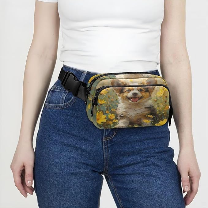 Cute Corgi Puppy Yellow Flowers Fanny Pack for Women Men Water Resistant Fashion Waist Packs with Adjustable Strap Belt Bag for Travel Workout Jogging Hiking 21219847