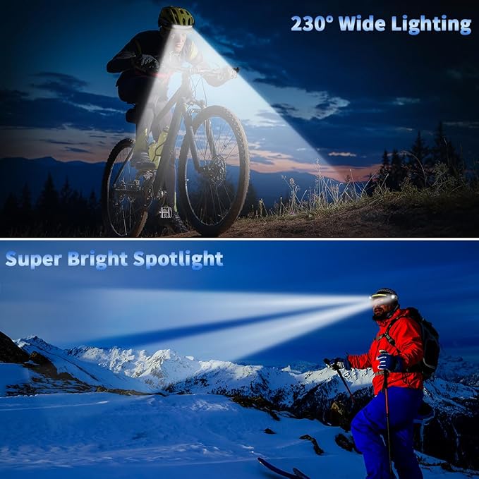 Headlamp Rechargeable 10Pack, 230° Wide Beam Head Lamp with 2 Spotlights, LED Headlamp with Motion Sensor, 5Mode Rechargeable Headlamp, Head Lights for Forehead, Headlamps for Adults Running Hard Hat