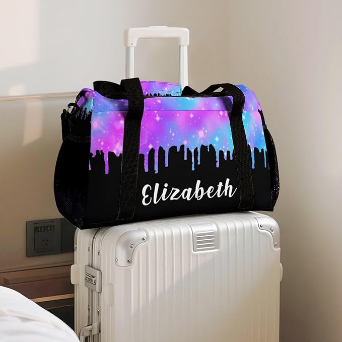 Personalized Starry Blue Pink Sparkling Print Duffle Bag with Name for Women Man Custom Travel Perform Training Bag for Men Women Luggage Bag