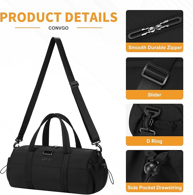 20L Gym Bag for Women, Medium Sport Duffel Bag with Yoga Mat Strap,Wet Pocket, Water-Resistant Adjustable Strap for Gym Yoga, Black