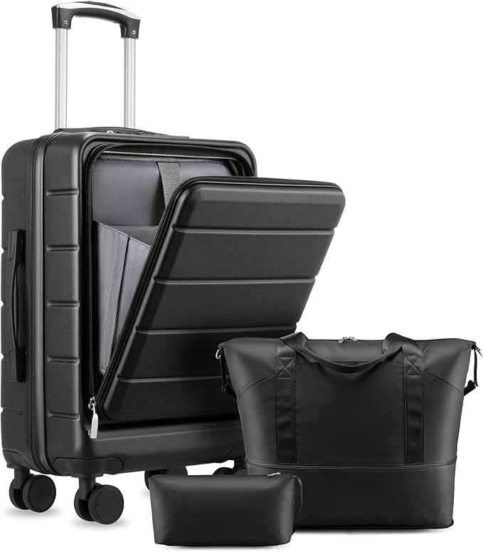Carry On Luggage 22 x 14 x 9 Airline Approved, H1F Front Pocket Hardside Suitcase with Spinner Wheels, TSA Lock, Includes Tote Bag (FX-Lite, Black, 3 Piece Sets)