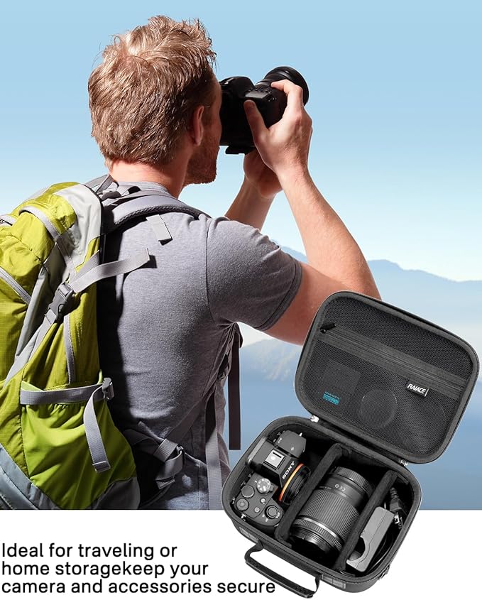 RAIACE Hard Case Compatible with Sony Alpha 7 II III IV/7R V Camera, for Nikon, for Canon, for Pentax and More. Mesh Pocket for Charger, Cables, Cards and Accessories. (case only) - Black