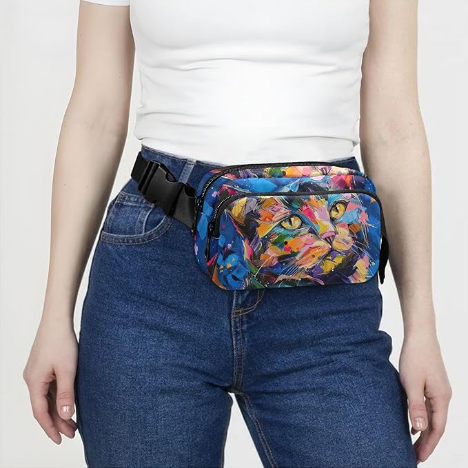 Colorful Cat Oil Painting Fanny Pack for Women Men Water Resistant Fashion Waist Packs with Adjustable Strap Belt Bag for Travel Workout Jogging Hiking 21220426
