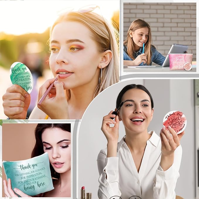 60 Pcs Employee Appreciation Gifts For Women Inspirational Canvas Makeup Bags Portable Compact Mirror Bulk Cosmetic Bags Thank You Gifts for Social Worker Coworkers (Recognition,Pastel)
